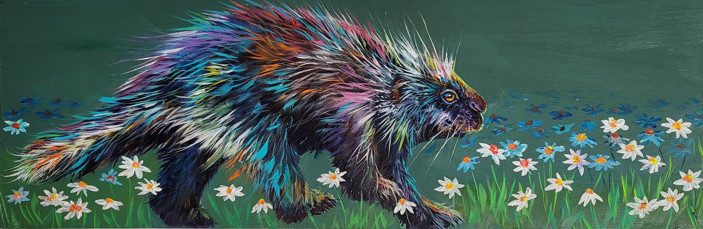 Porcupine Stroll - original acrylic painting - 8" x 24" - $325