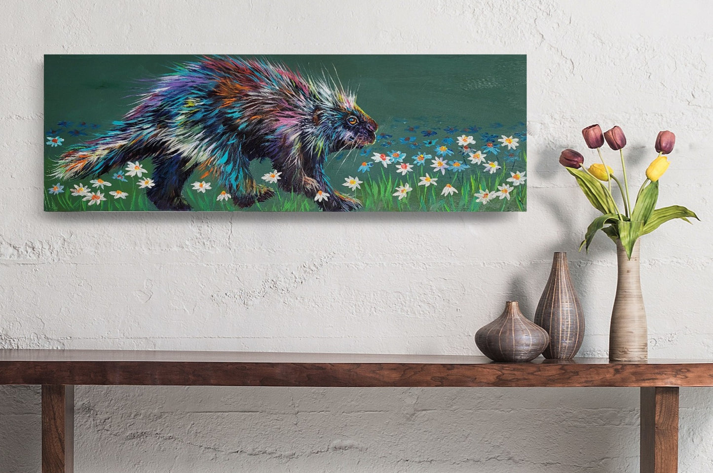 Porcupine Stroll - original acrylic painting - 8" x 24" - $325