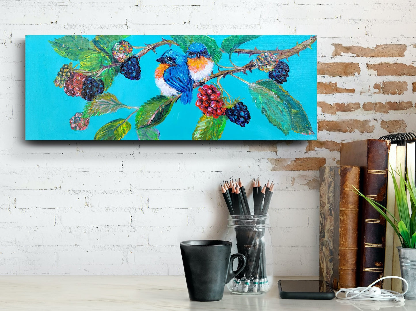 Birds in the Brambles - Original Acrylic Painting - 6 x 16 inch - $175 each