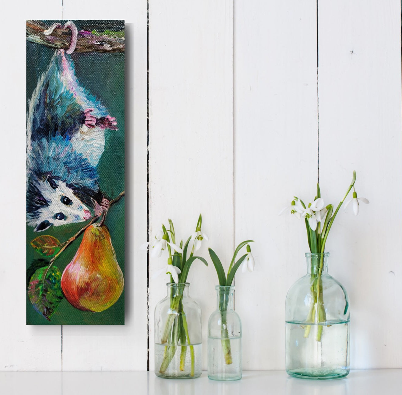 Pear Picking Possum - 4 x 12 inch Original Acrylic Paintings -  $95 each!
