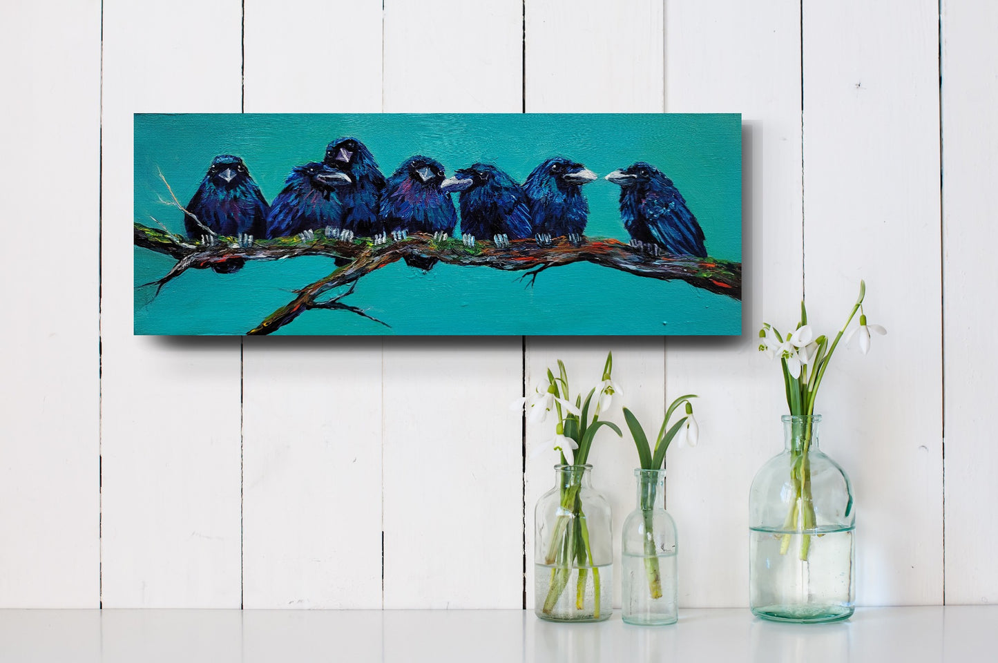 SCHOOL'S IN - It's the beginning of the year, teenagers assemble on the school branch. Power dynamics are acknowledged, alliances are ratified. 6 x 16 " ACRYLIC PAINTING