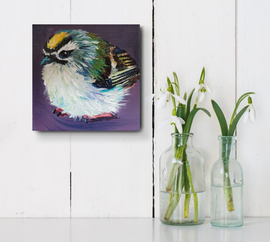 ROYALTY - Kinglets are so delightfully full of royal pomp. So tiny yet so magnificent. 4 x 4" ACRYLIC PAINTING