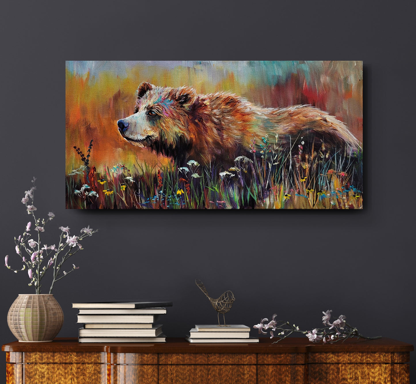 MOUNTAIN MEADOWS - What you are seeing is the experience of breathing in bliss in a distant flower strewn mountain meadow. 10" x 20" ACRYLIC PAINTING