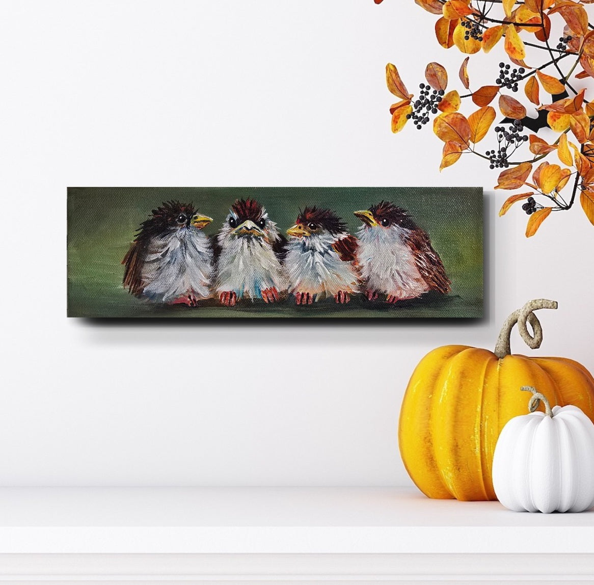 SPARROW MEETUP - "Who knows what they chat about, but it looks serious! "4 x 12" ACRYLIC PAINTING