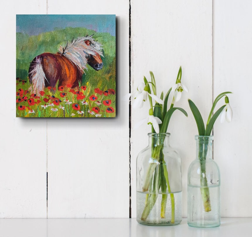SALLY- Sally knows she looks her best in a field of poppies. 6 x 6" ACRYLIC PAINTING