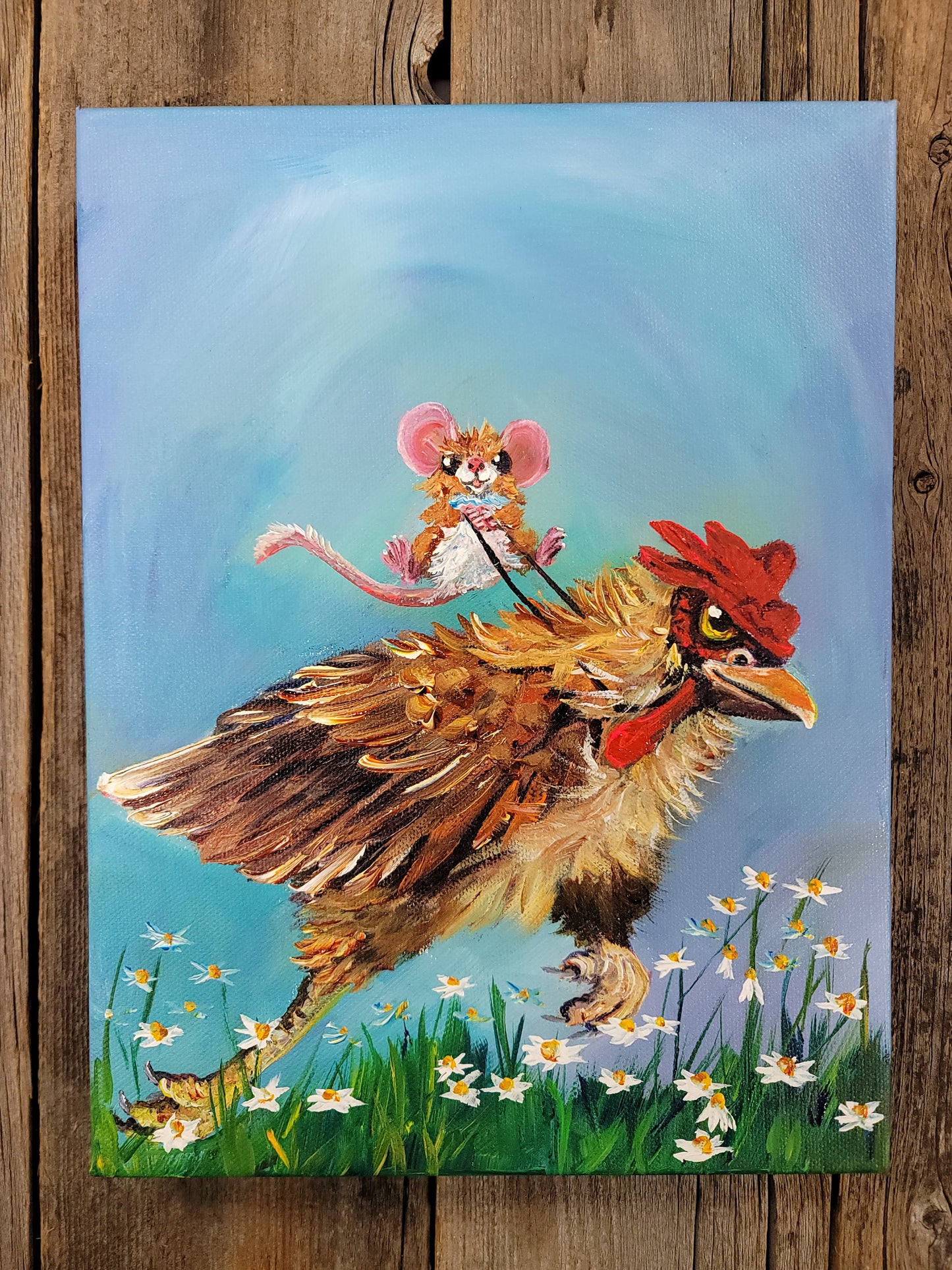 Chicken Rodeo - acrylic painting 9" x 12"