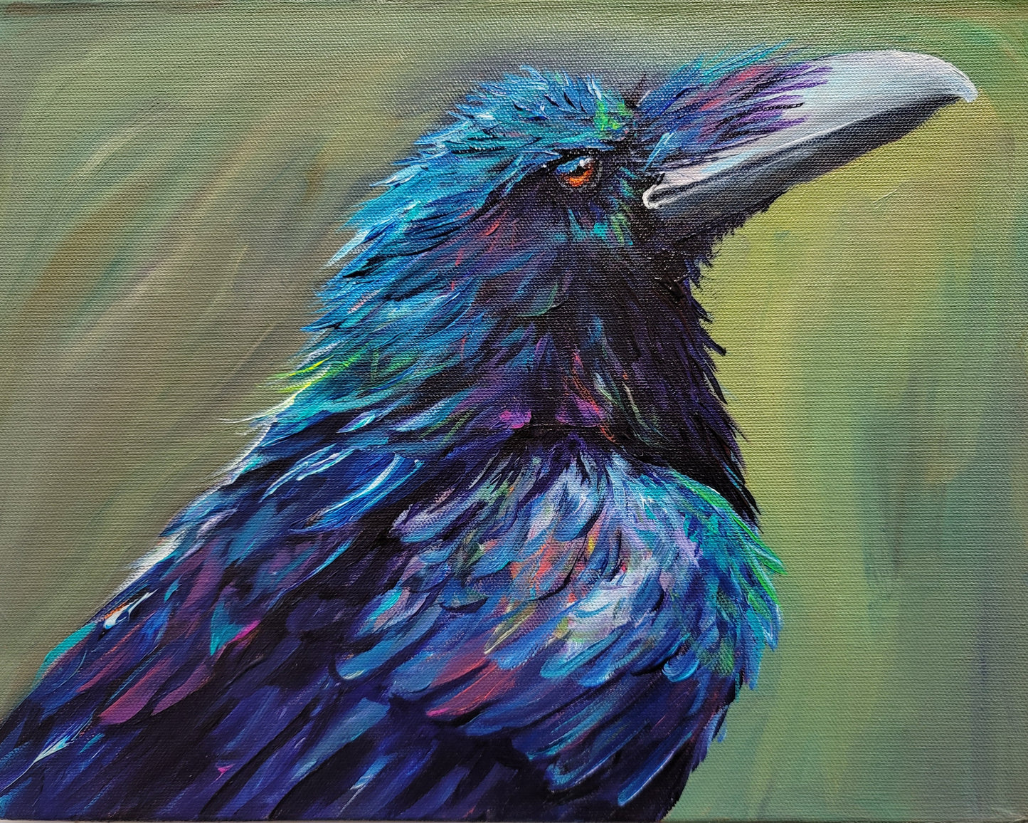 Raven on Green - acrylic painting - 11" x 14"