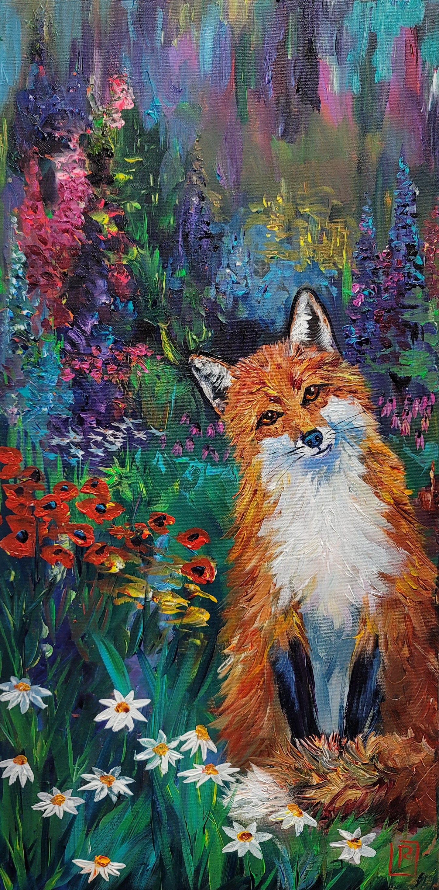 Fox in Garden - acrylic painting 12" x 24"