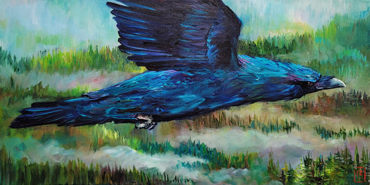 A GLORIOUS MORNING - Soaring peacefully, watching the morning sun gently warming up the valley.  12 x 24 " ACRYLIC PAINTING