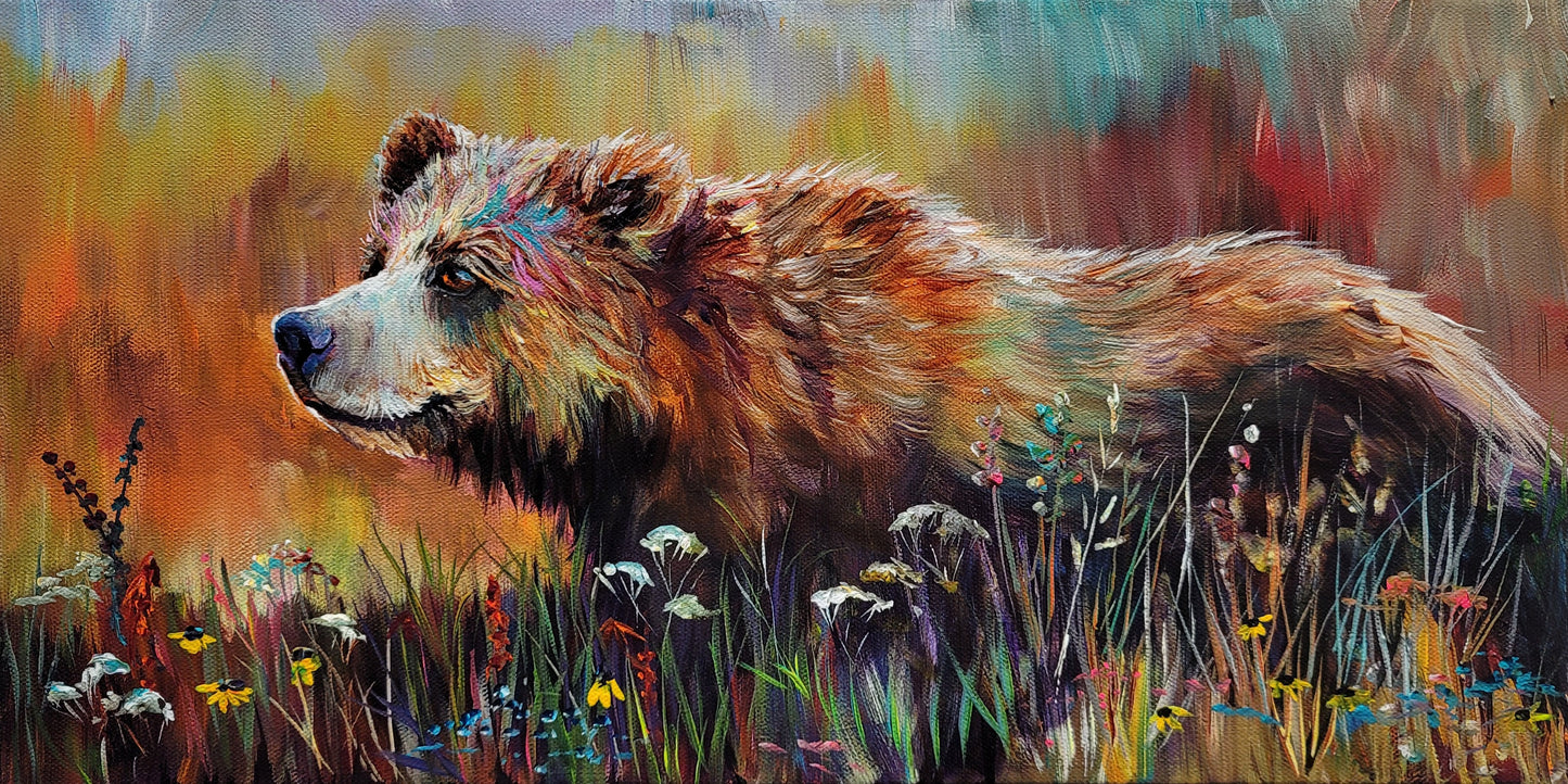 MOUNTAIN MEADOWS - What you are seeing is the experience of breathing in bliss in a distant flower strewn mountain meadow.  10" x 20" ACRYLIC PAINTING