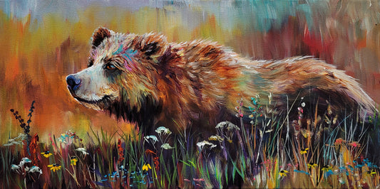 MOUNTAIN MEADOWS - What you are seeing is the experience of breathing in bliss in a distant flower strewn mountain meadow.  10" x 20" ACRYLIC PAINTING