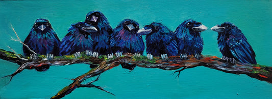 SCHOOL'S IN - It's the beginning of the year, teenagers assemble on the school branch. Power dynamics are acknowledged, alliances are ratified. 6 x 16 " ACRYLIC PAINTING