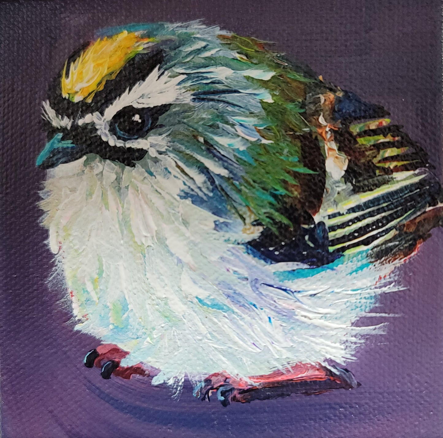 ROYALTY -  Kinglets are so delightfully full of royal pomp. So tiny yet so magnificent. 4 x 4" ACRYLIC PAINTING