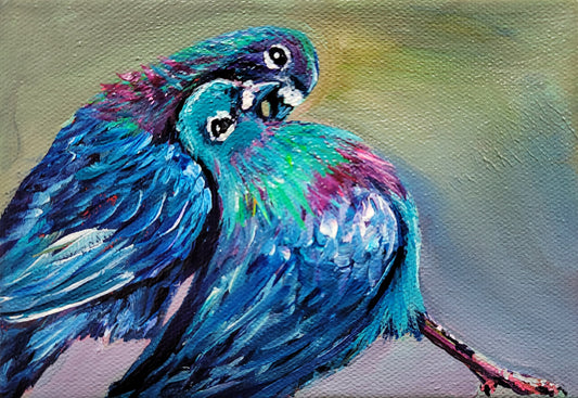 YOUNG LOVE  -  Hot and heavy, get a nest!!  5 x 7"  ACRYLIC PAINTING