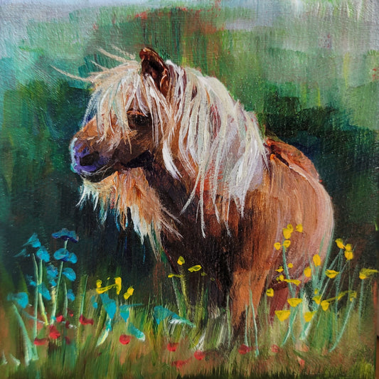FABIO RETURNS - "The glorious pony is back, he knows you are thrilled." -  4 x 4" ACRYLIC PAINTING