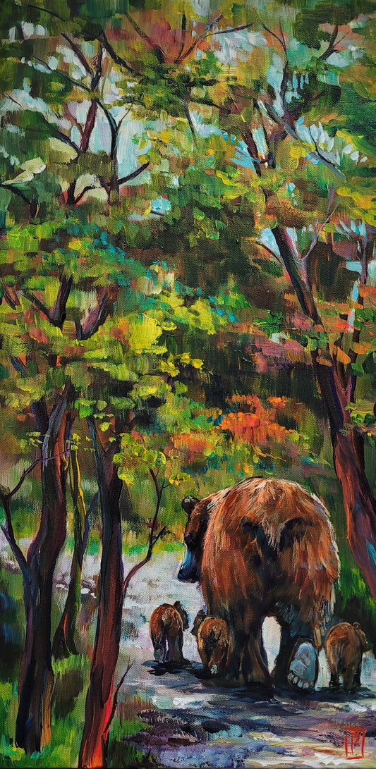 WALKING IN THE WOODS WITH MOMMA -  12 x 24" ACRYLIC PAINTING