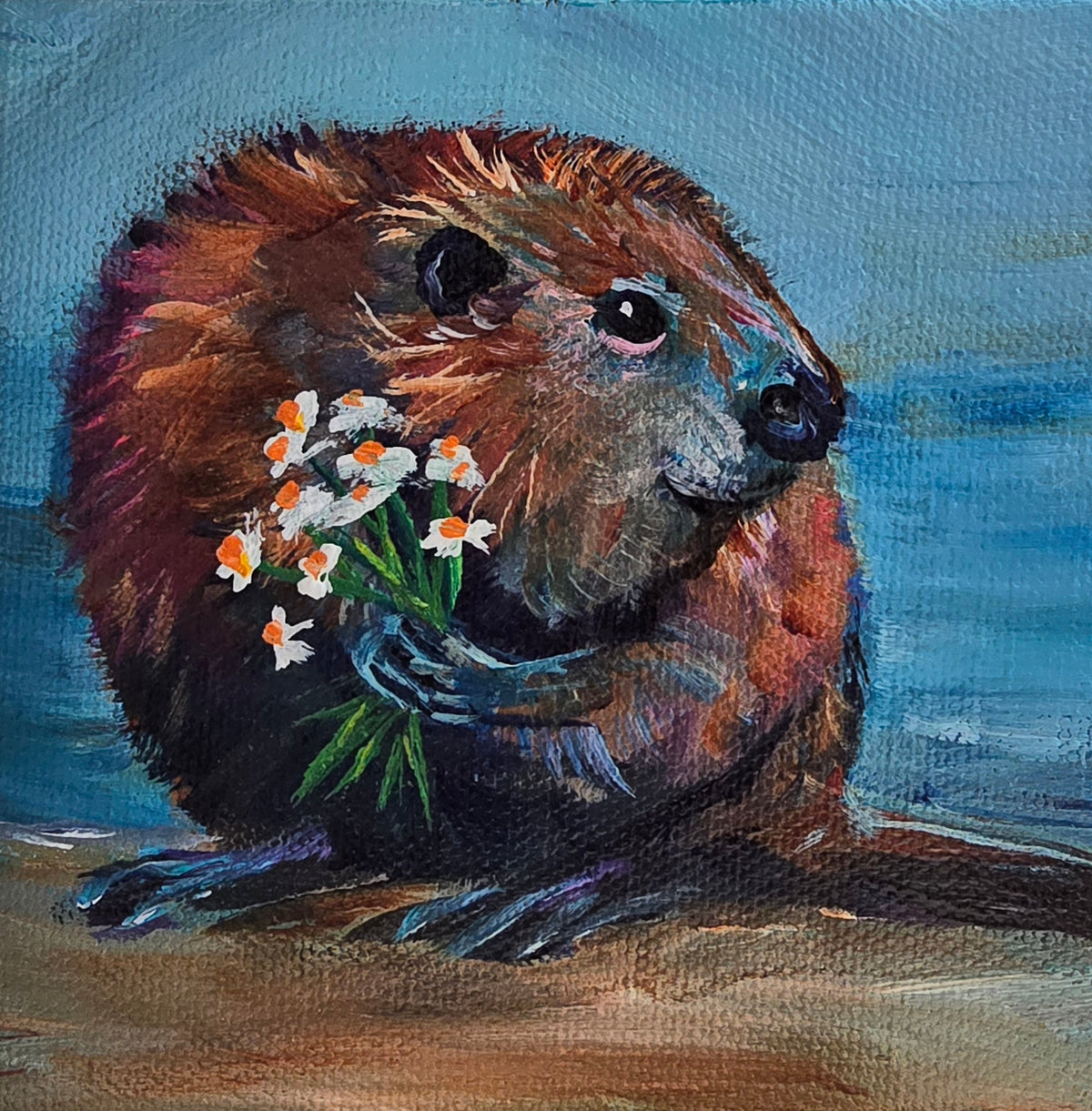 Bashful- "Beavers like flowers too!"  5 x 5" ACRYLIC PAINTING