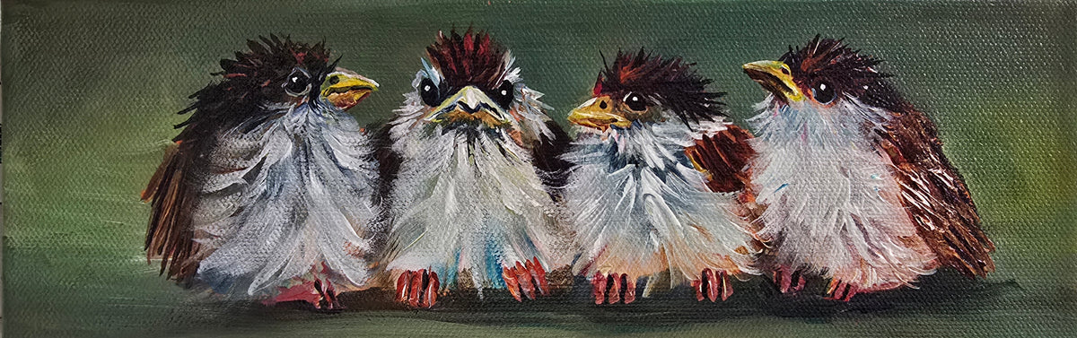 SPARROW MEETUP - "Who knows what they chat about, but it looks serious! "4 x 12" ACRYLIC PAINTING