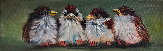 SPARROW MEETUP - "Who knows what they chat about, but it looks serious! "4 x 12" ACRYLIC PAINTING