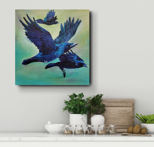 Ravens in Flight #1 - acrylic painting - 12" x 12"