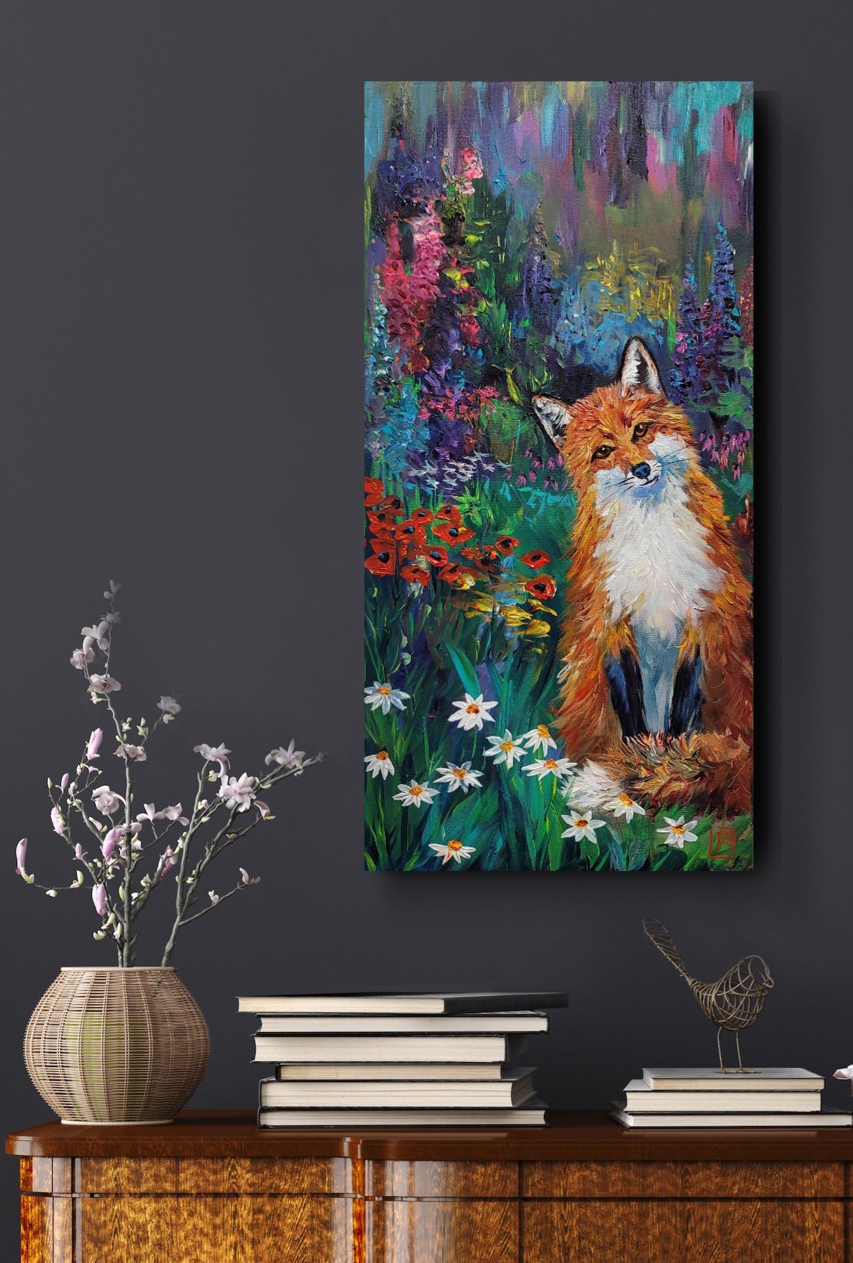 Fox in Garden - acrylic painting 12" x 24"