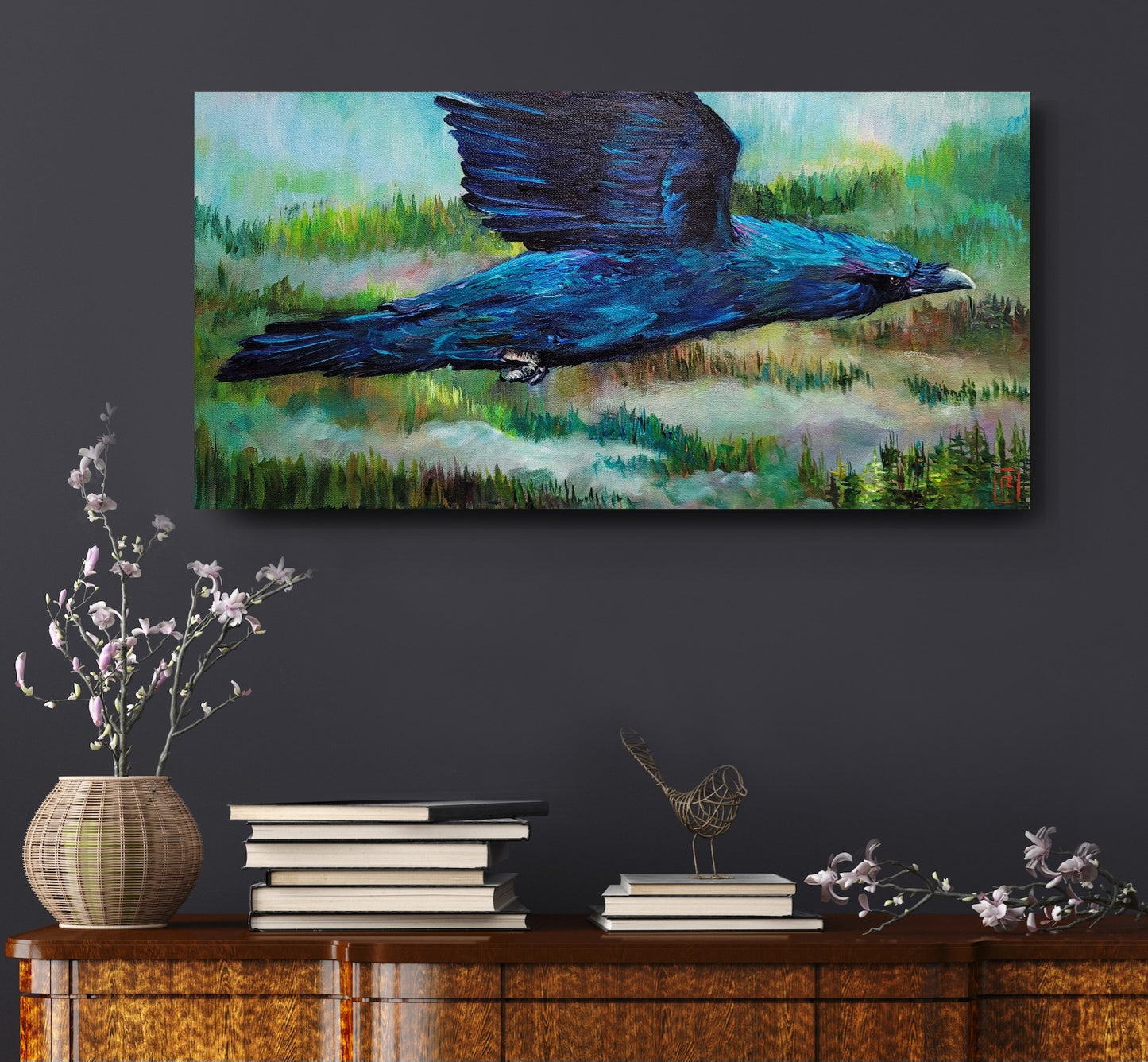 A GLORIOUS MORNING - Soaring peacefully, watching the morning sun gently warming up the valley.  12 x 24 " ACRYLIC PAINTING