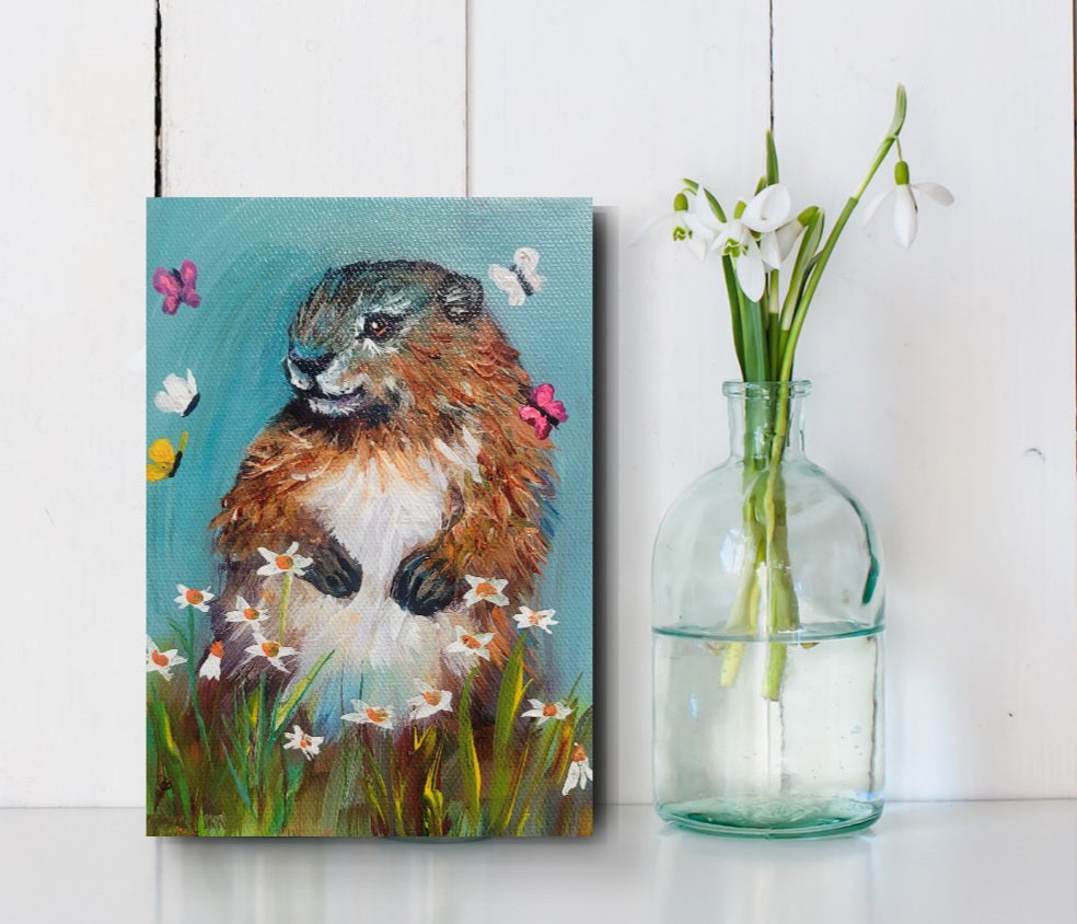 BUTTERFLY KISSES - This bashful Marmot is is unsure how to take the flirting of butterflies. 5 x 7" ACRYLIC PAINTING