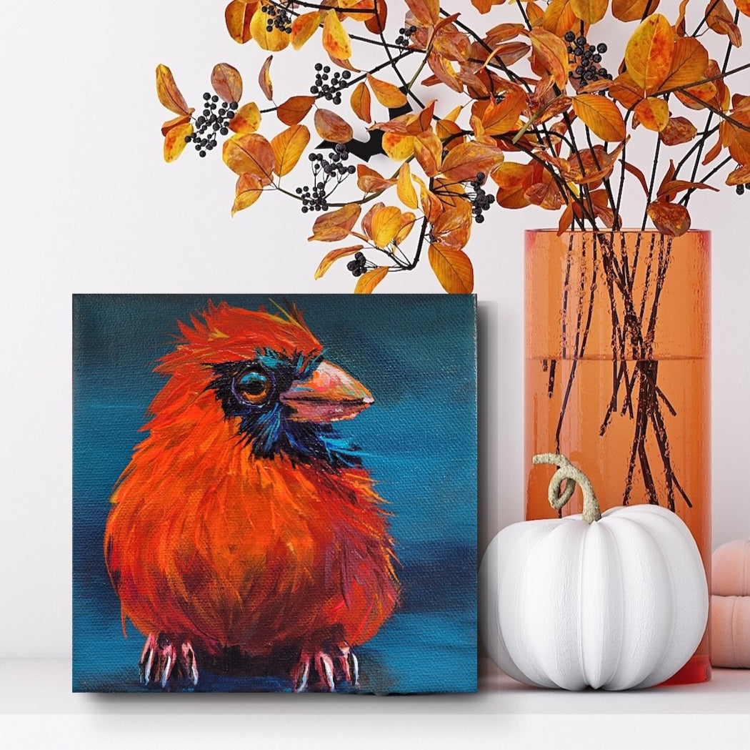 SASHA -  Sasha is very much aware that his plumage looks stunning with this background colour. Props to Sasha.  6 x 6"  ACRYLIC PAINTING