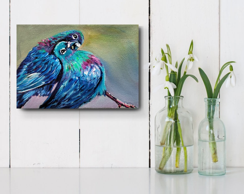 YOUNG LOVE  -  Hot and heavy, get a nest!!  5 x 7"  ACRYLIC PAINTING