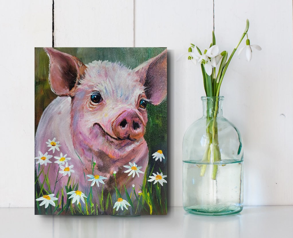 PIG IN DAISIES -   8 x 10" ACRYLIC PAINTING