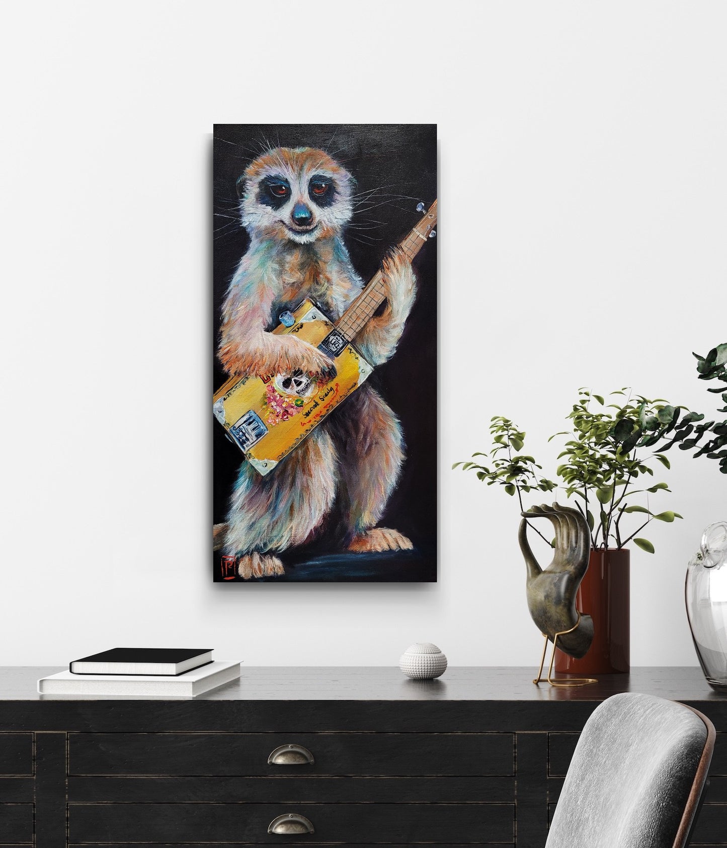 MILO - Milo with his homemade cigar box guitar.  12 x 24" ACRYLIC PAINTING