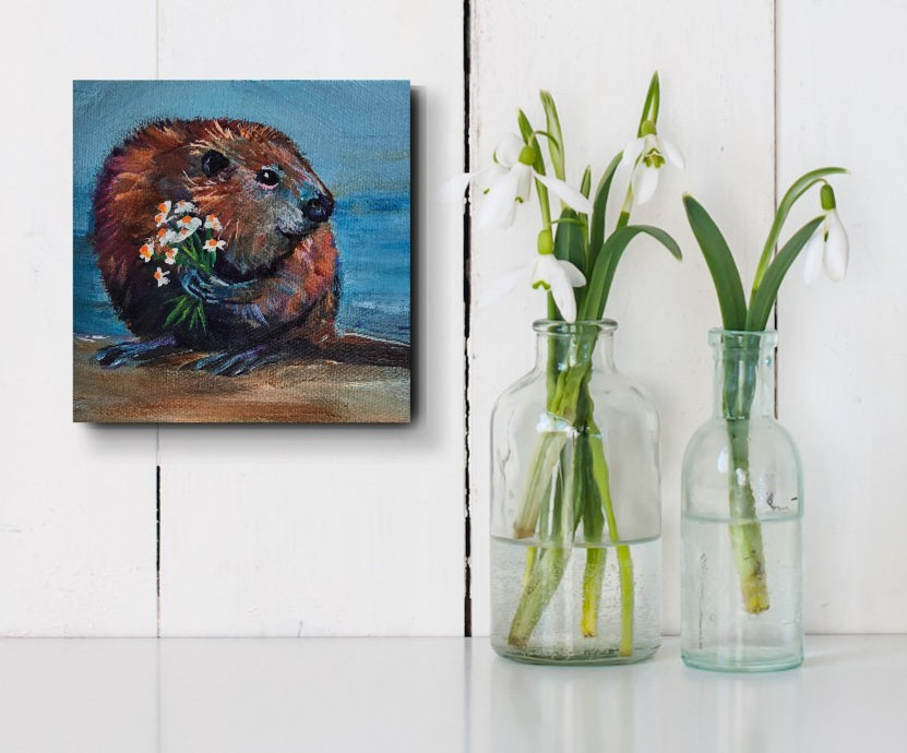 Bashful- "Beavers like flowers too!"  5 x 5" ACRYLIC PAINTING