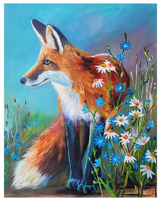 Fox with Chicory and Daisies Print